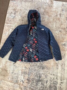 The North Face Navy Quilted Hooded Jacket with Floral Lining